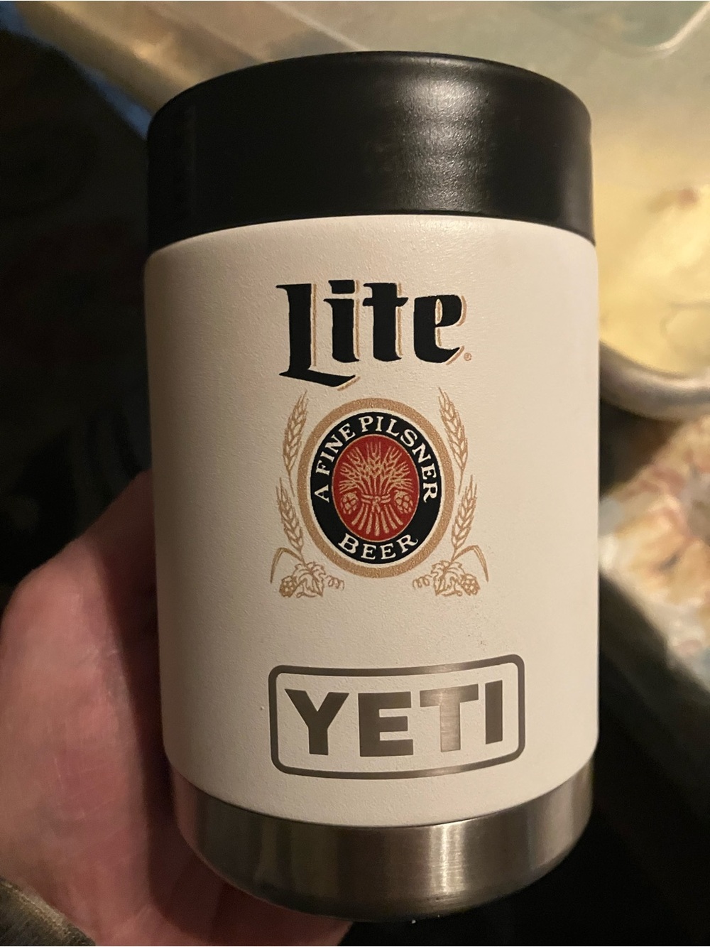 Yeti White and Black Miller Lite Logo Can Insulator